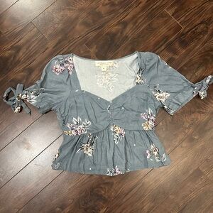 Saltwater LUXE Blue Floral Blouse with Tie Sleeves